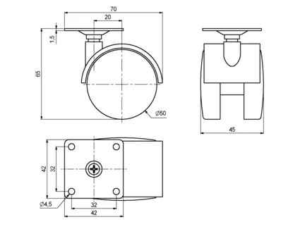 Møbelhjul Ø50mm 25kg M/Plate Sort