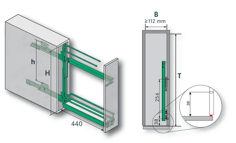 Uttrekk Kesseböhmer 150mm M/Hylle + Håndkleholder Krom
