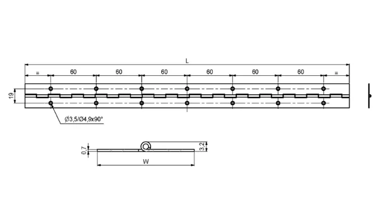 Pianohengsel 695x32mm nikkel 