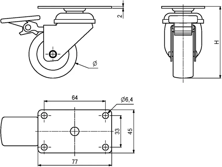 Møbelhjul Ø50mm M/Brems 40 kg