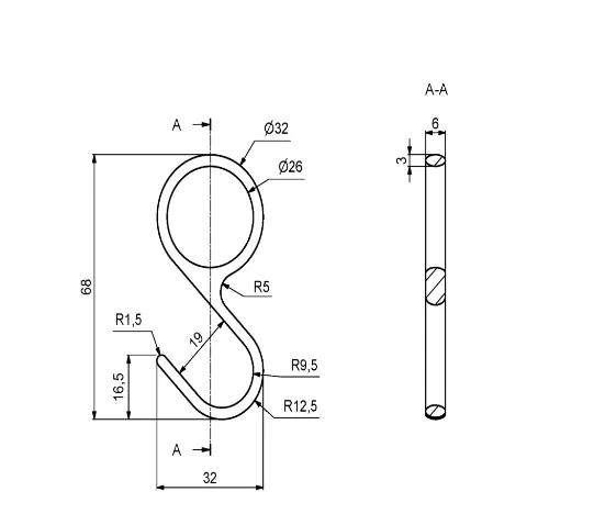S-krok for garderoberør Ø25mm blank krom