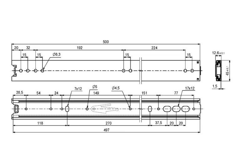 Kulelagerskinne fulluttrekk stål L500mm H45mm 
