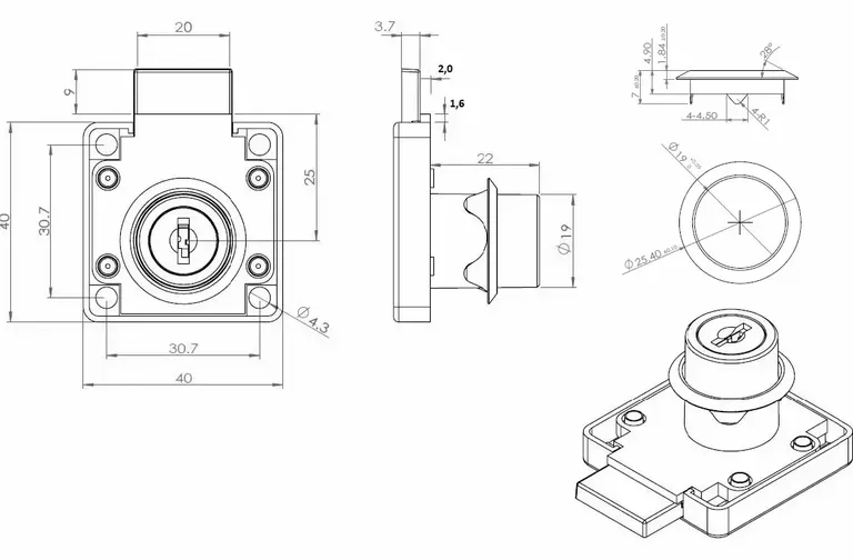 Møbellås MIC850  Hus For Skuff Ø19x22mm