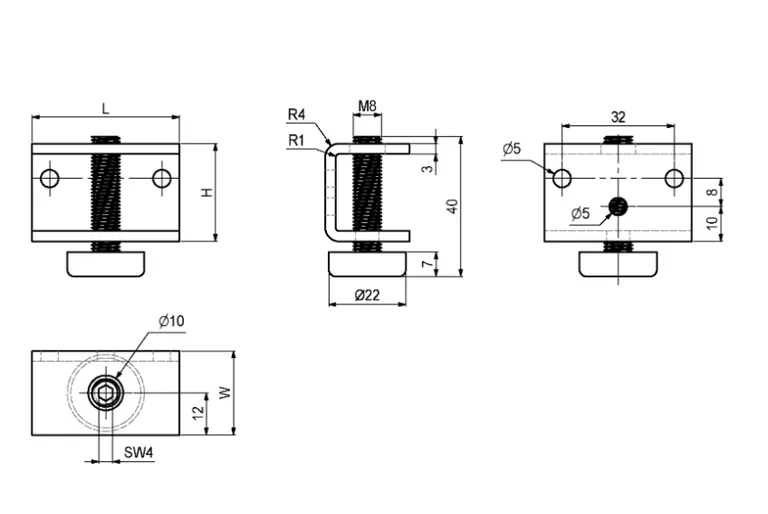 Stillesko sokkel c/c32 42x28,5x24mm M8x40 SW4 